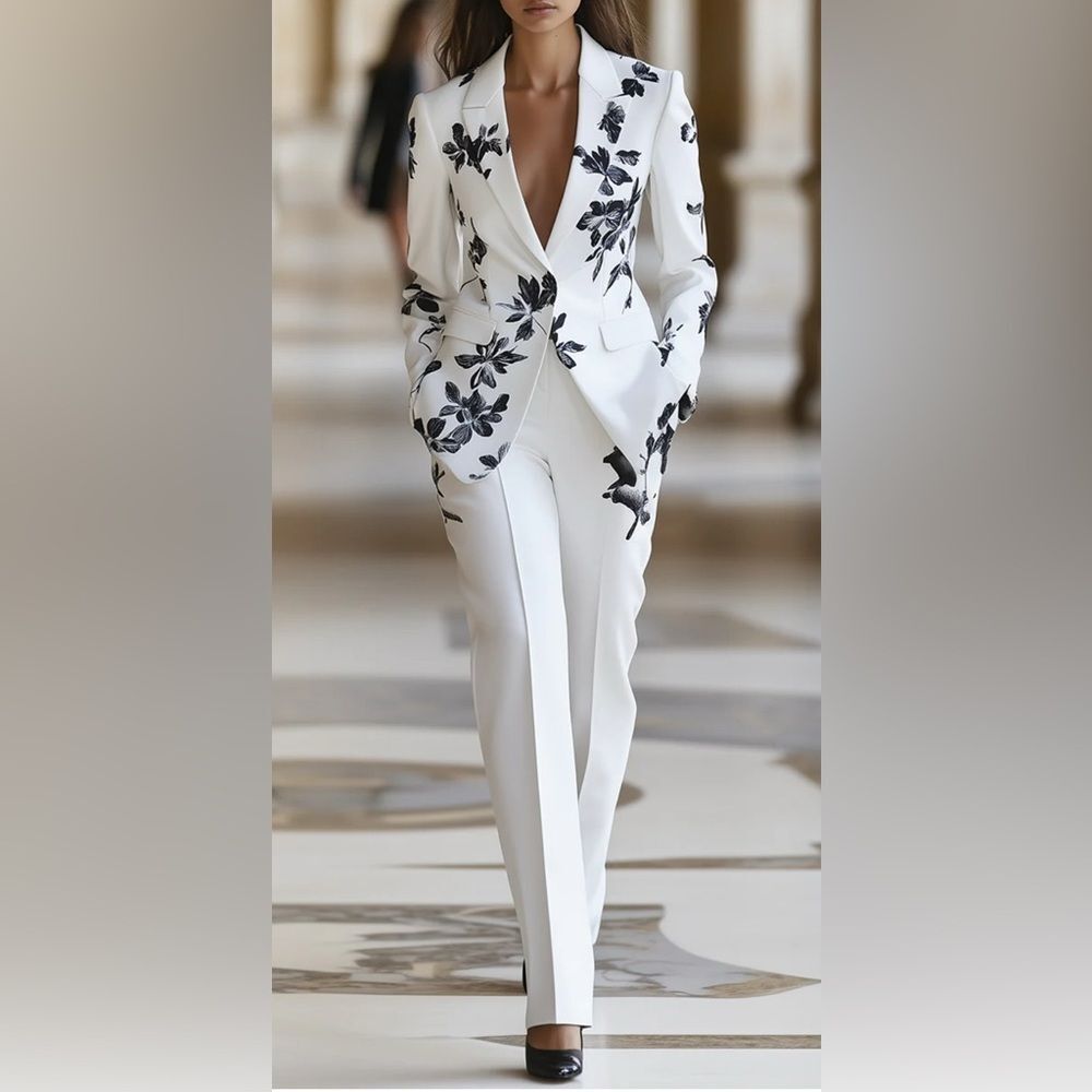 Mooyius Floral Printed Pantsuit Set White Large NWT